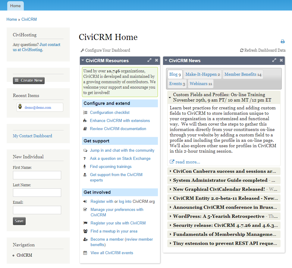 CiViCRM Dashboard demo