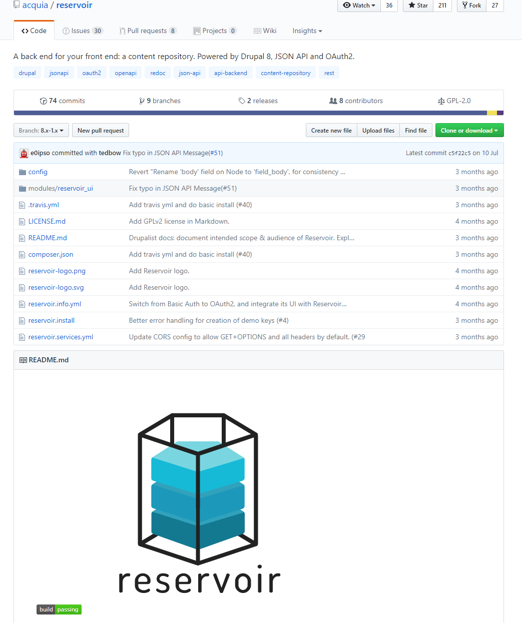 Reservoir is, A back end for your front end: a content repository. Powered by Drupal 8, JSON API and OAuth2.